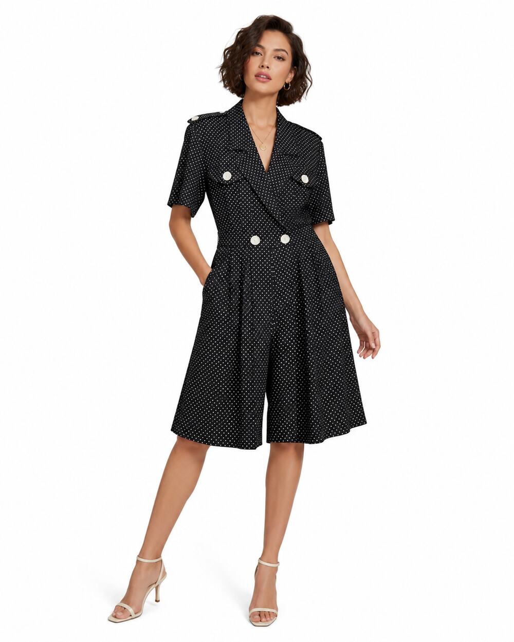 80s Navy Polka Dot Rayon Romper Dress | Military Style Wide Leg Jumpsuit | S